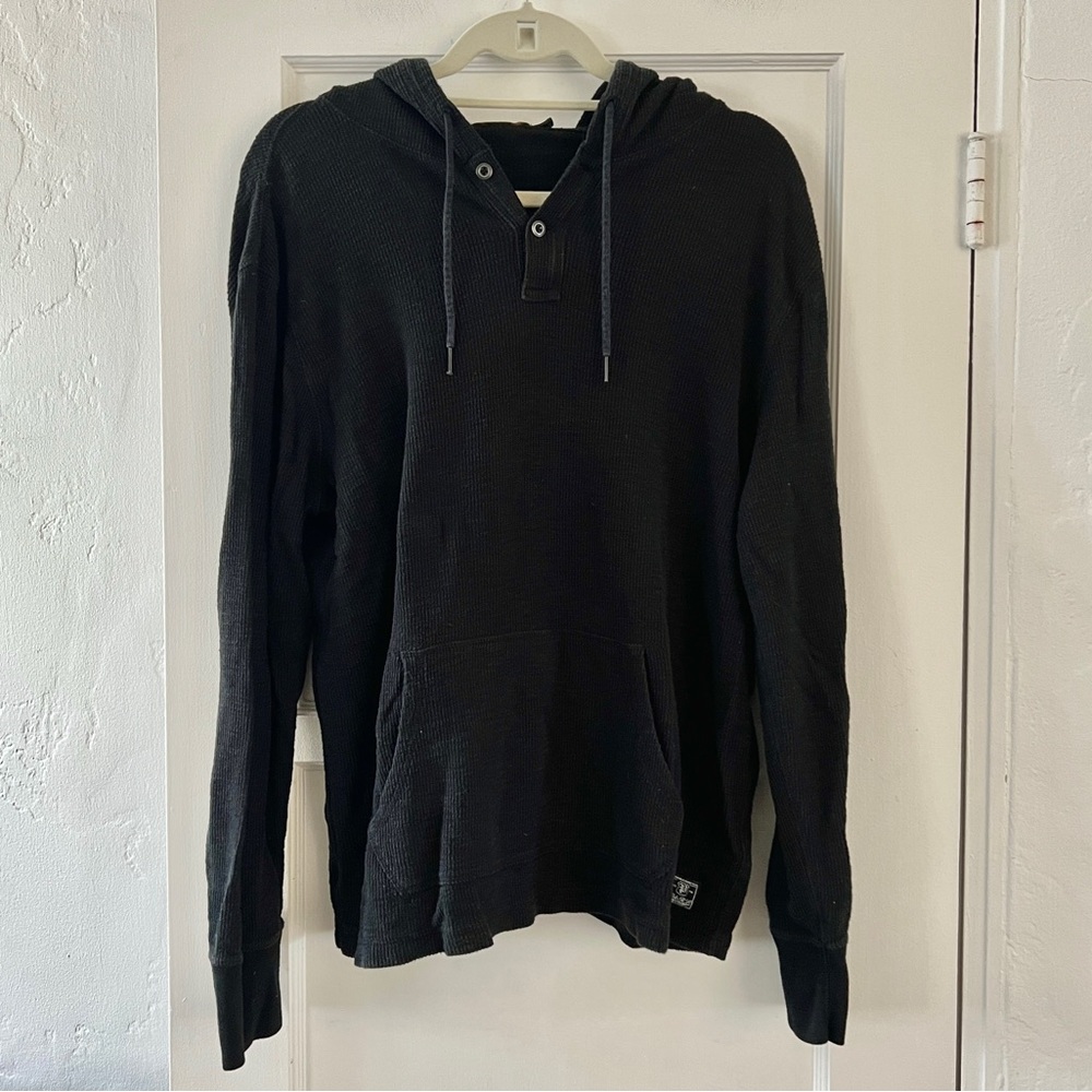 Vintage Polo Ralph Lauren Women's Black Cotton Waffle Hoodie Sweatshirt Large